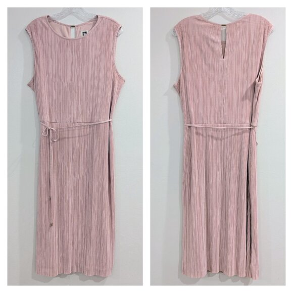 ANNE KLEIN Nwt Crinkled Satin Blush Dress 16 Sleeveless Waist Tie Midi Length - Picture 2 of 12